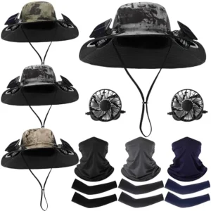 Outdoor fishing hat with wide brim, solar-powered USB fans